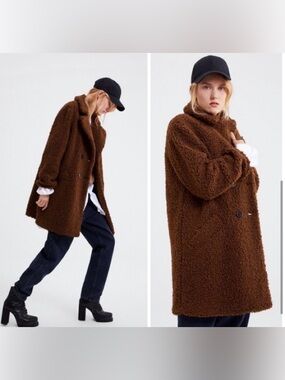 Zara teddy peacoat brown boucle jacket small